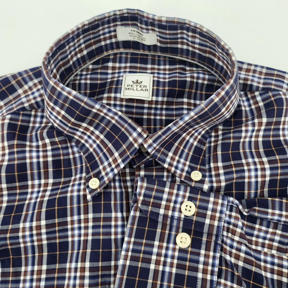Peter Millar Shirt Mens Medium Blue & Brown‎ Plaid Long Sleeve Button Up Shirt